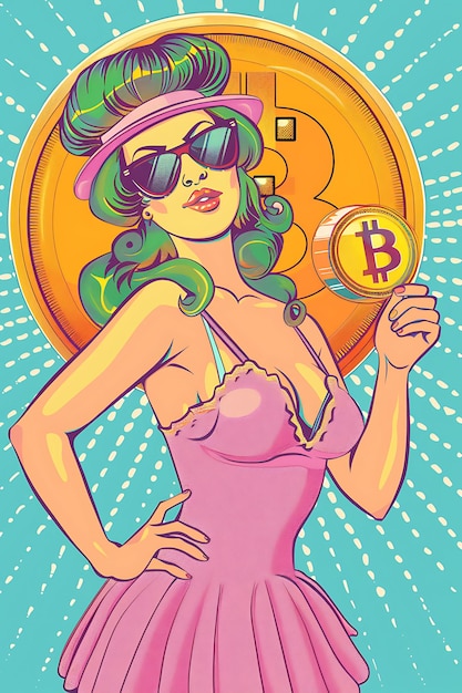 Foto pin up girl che tiene un cartello bitcoin con un poster retro testo illustrazione criptovaluta backgroundu