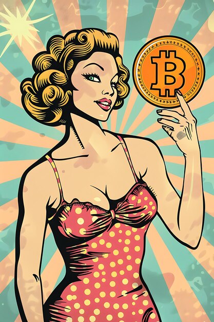 Pin Up Girl met een Bitcoin-bord met een retro-poster Tekst Illustratie cryptocurrency achtergrond