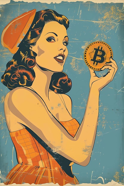 Pin Up Style Illustratie van een vrouw die een Bitcoin vasthoudt met illustratie cryptocurrency achtergrond