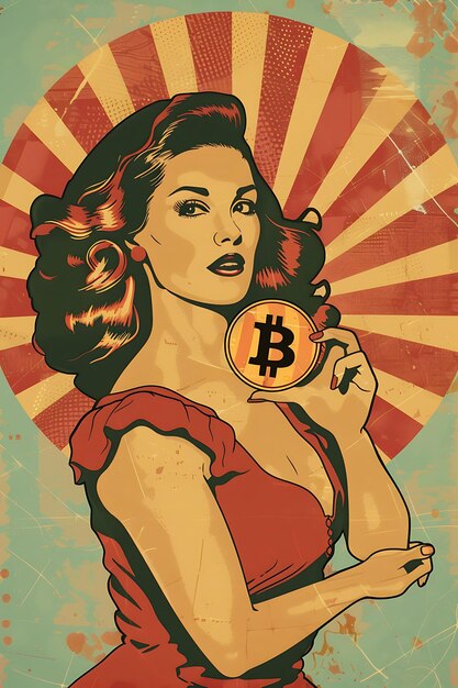 Pin Up Style Illustratie van een vrouw die een Bitcoin vasthoudt met illustratie cryptocurrency achtergrond