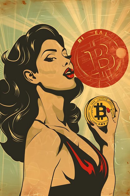 Pin Up Style Illustration of a Woman Holding a Bitcoin With Illustration cryptocurrency Background