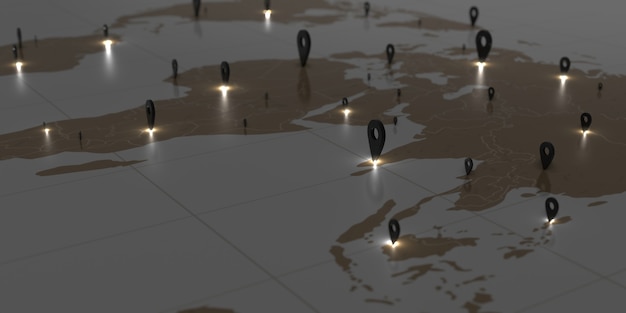 Photo pin on world map dark tones and glow pins global business communication 3d illustration