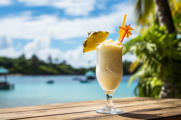 Pina Colada Cocktail on a Beautiful Tropical Scenery Background AI