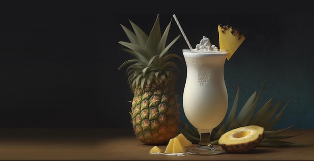 Foto pina colada cocktail in un bicchiere con una cannuccia e pezzi di ananas e un intero ananas generato dall'intelligenza artificiale