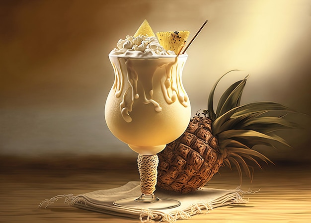 Pina Colada Cocktail in a glass with a straw and pineapple pieces and a whole pineapple AI generated