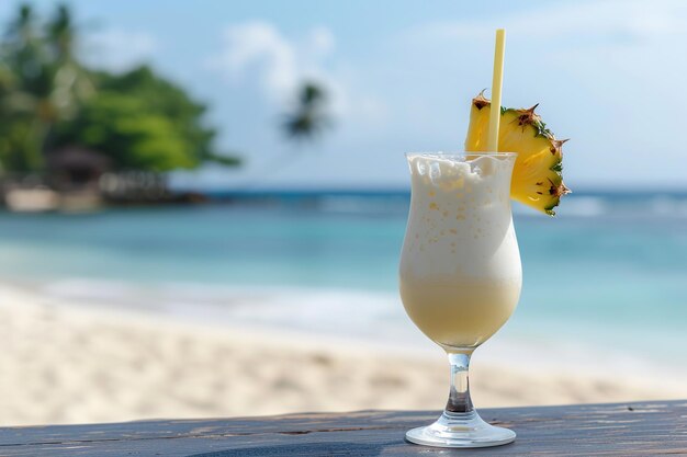 Pina Colada cocktail op de tafel tegen de achtergrond van een tropisch strand