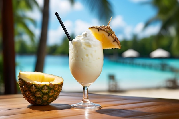 Pina Colada-cocktail op een prachtige tropische landschapsachtergrond AI