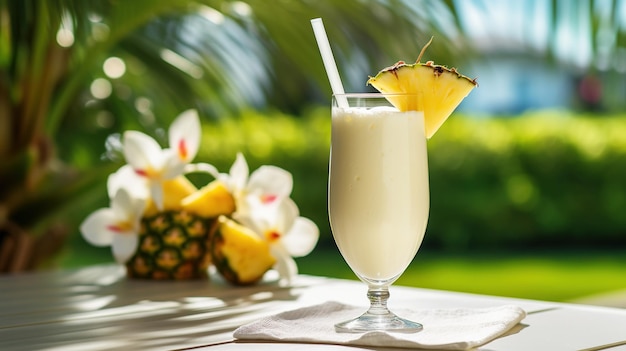 Pina colada cocktail served with pineapple tropical background copy space