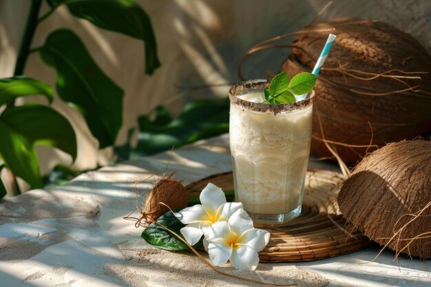 Photo pina colada cocktail standing on table with coconuts and flowers