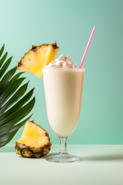 Pina colada drink on a green studio background Copy space