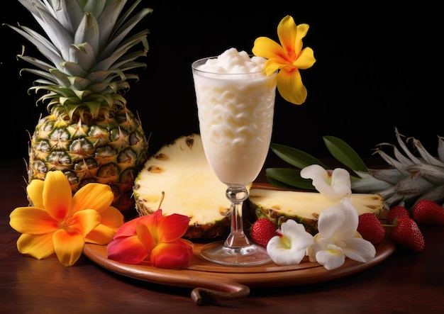 A Pina Colada paired with a platter of fresh tropical fruit emphasizing its fruity flavors