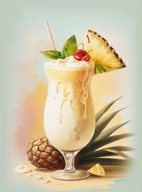 Pina colada summer drink pineapple drink watercolor cocktail