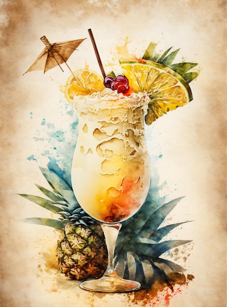 Pina colada summer drink pineapple drink watercolor cocktail