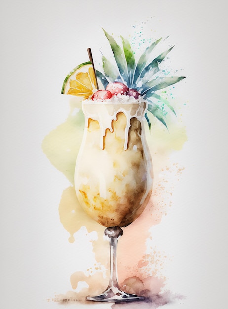 Pina colada summer drink pineapple drink watercolor cocktail