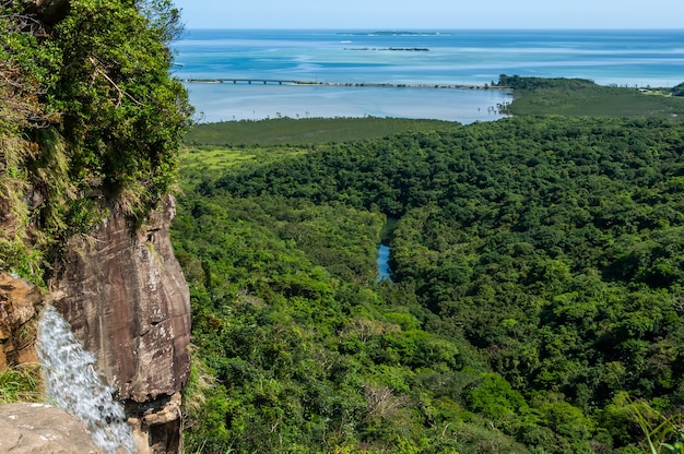 Pinaisara waterval rivier stroomt tussen mangrove bos gradiënt blauwe zee iriomote island