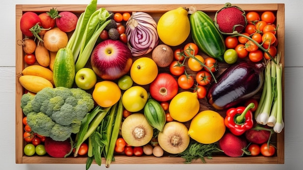 Foto scatola di pino piena di verdure e frutta fresche colorate