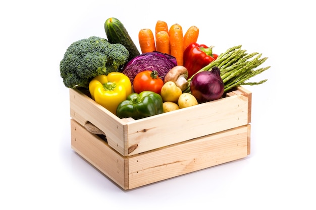 Pine box full of colorful fresh vegetables on a white background ideal for a balanced diet