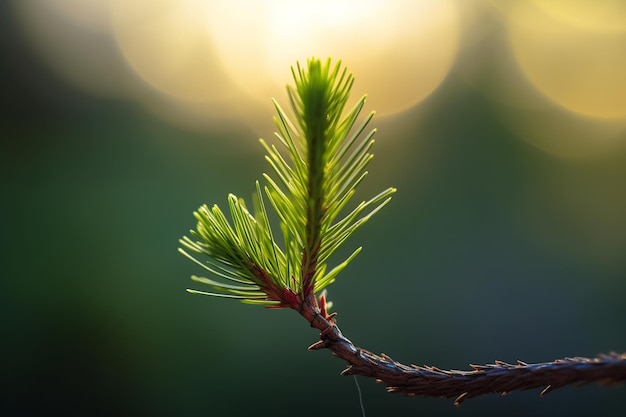 A pine branch with a needle in the center of the photo.