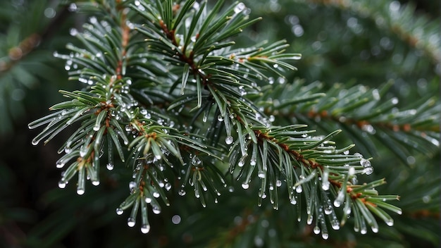 Pine branch with raindrops close up