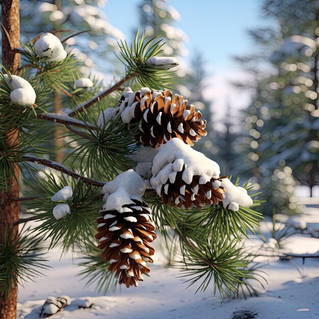 寒い冬の日に雪で覆われた松の枝 クリスマスの背景