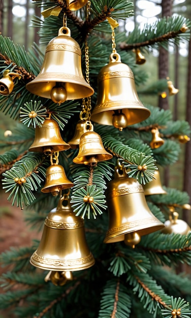 Pine Branches Decorated With Golden Bells Morning Outdoor Forest Setting Low Angle