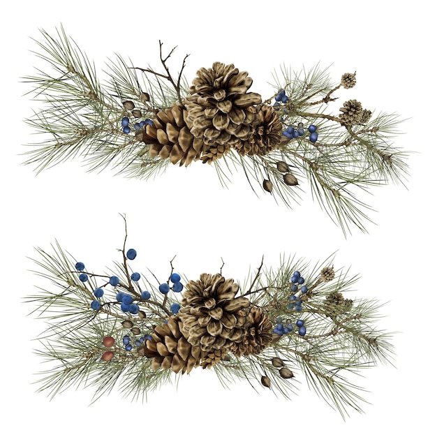 pine branches and fluffy cones set of forest compositions red and blue winter berries watercolor