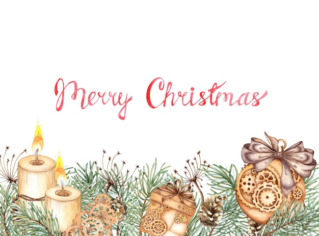 Pine branches pine cones ball candles Christmas banner watercolor