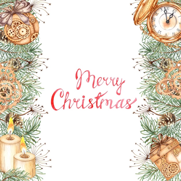 Pine branches pine cones clock candles Christmas banner watercolor