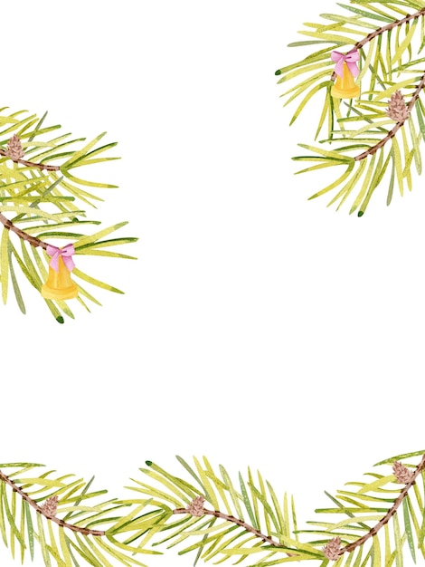 Photo pine branches with cones bells bows watercolor illustration template frame on a white background