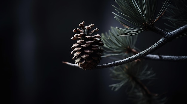 A pine cone on a branch with a dark background