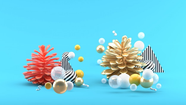 The pine cone among the colorful balls on the blue space