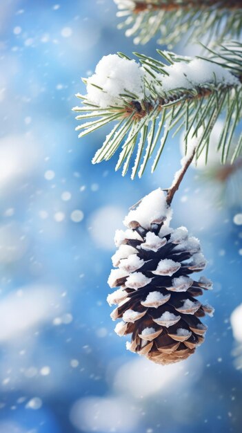 A pine cone hanging from a pine tree