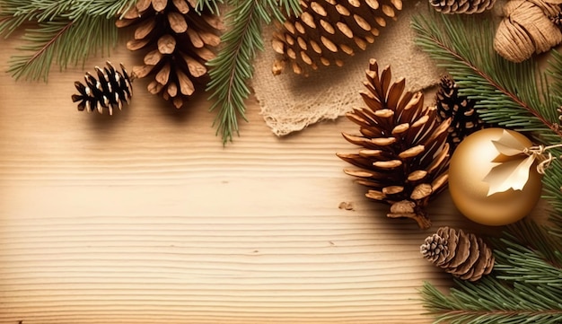 A pine cone is on a wooden table