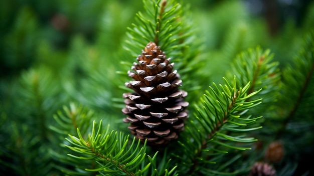 A pine cone sits in the forest