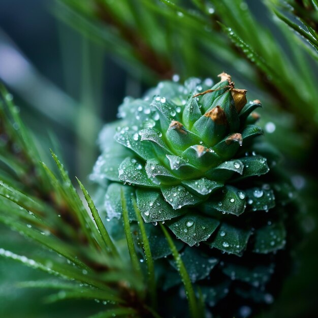 Pine cone with dew drops on it in the rain