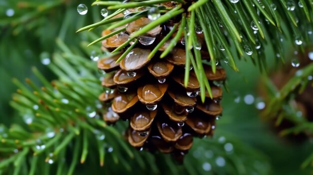 A pine cone with water drops on it