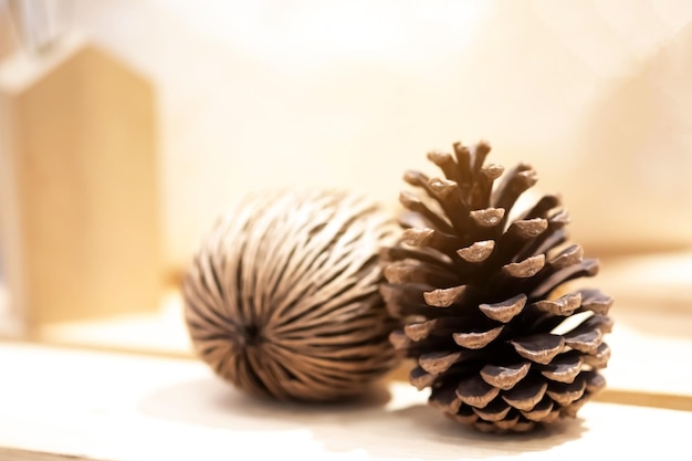 Pine cone on a wooden table with sunlight on blur background. Summer season.