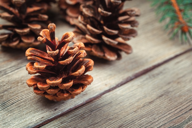 Pine cone on wooden table