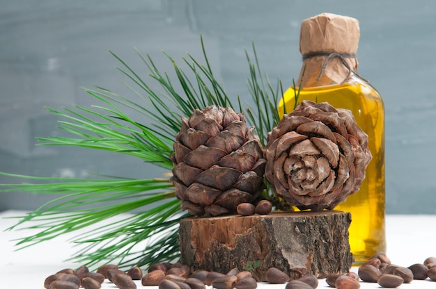 Pine cones and cedar products nuts and cedar oil Closeup Macro On a gray background