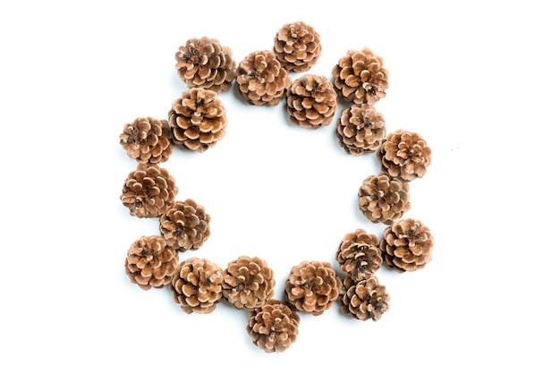 Pine cones frame on the white background flat lay