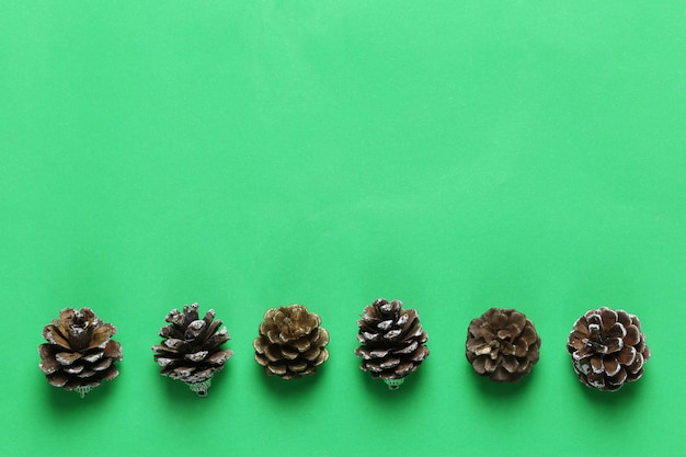 Pine cones on green paper art background and have copy space.