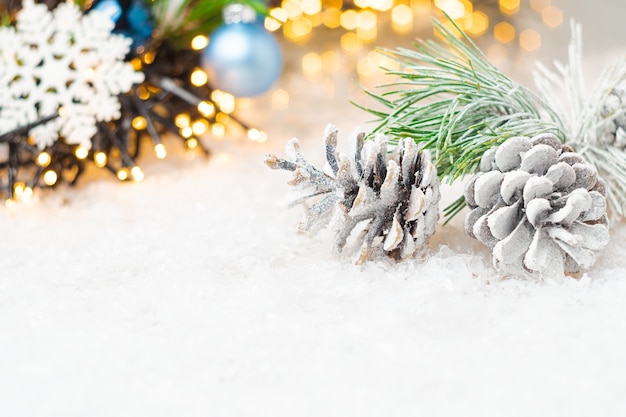 Pine cones and spruce branch covered with snow