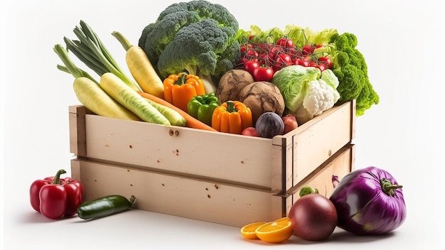 Pine doos vol kleurrijke verse groenten en fruit op een witte achtergrond, 3D-rendering