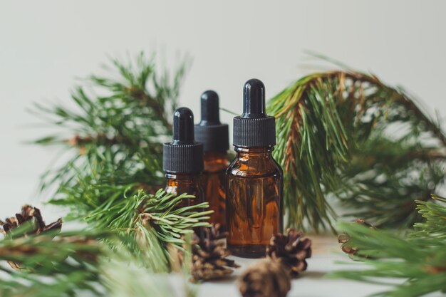 Pine essential oil in a glass brown bottle with a pipette against the background of pine branches
