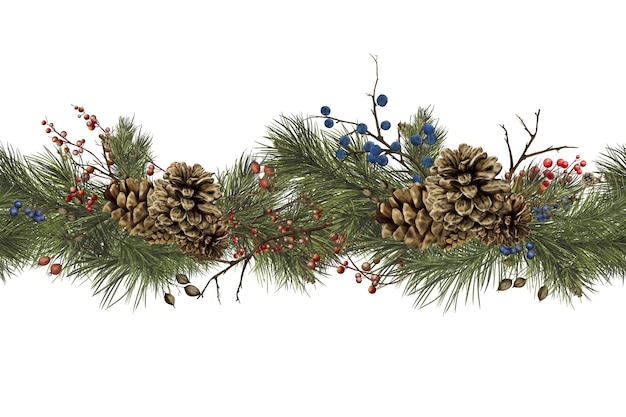 pine fluffy branches and cones on a christmas garland watercolor digital illustration horizontal