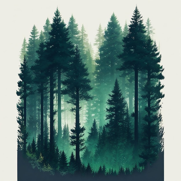 A pine forest landscape magic tshirt design vibrant pale green colors dark background dark ma