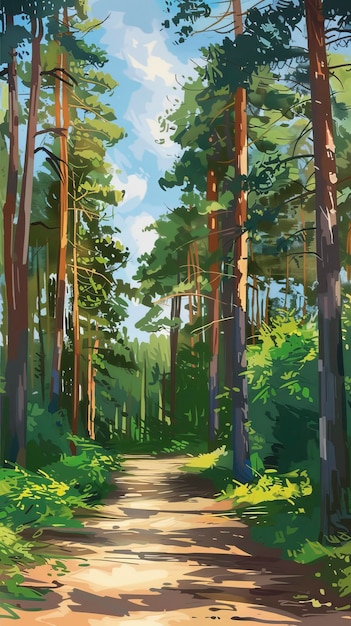 pine forest panorama in summer pathway in the park
