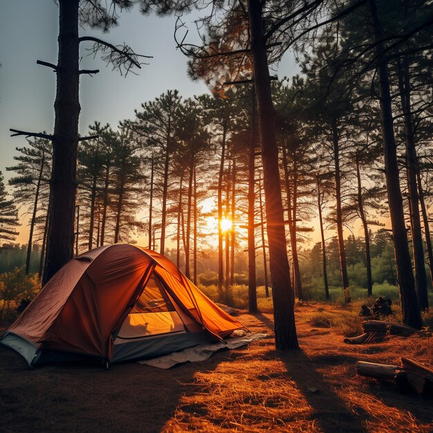 Photo pine forest retreat against the backdrop of a setting sun a snug camping tent is nestled inthe tree