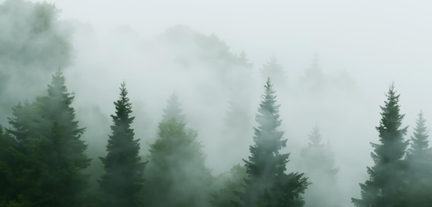 소나무 숲은 연기가 가득 차 있었고, 무서운 미스터리, 겨울에 안개로 둘러싸인 큰 나무, 3D 일러스트레이션