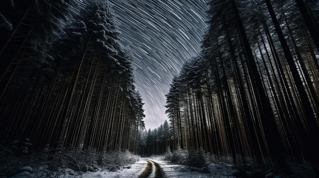 Pine forest in winter under the stars Generative AI